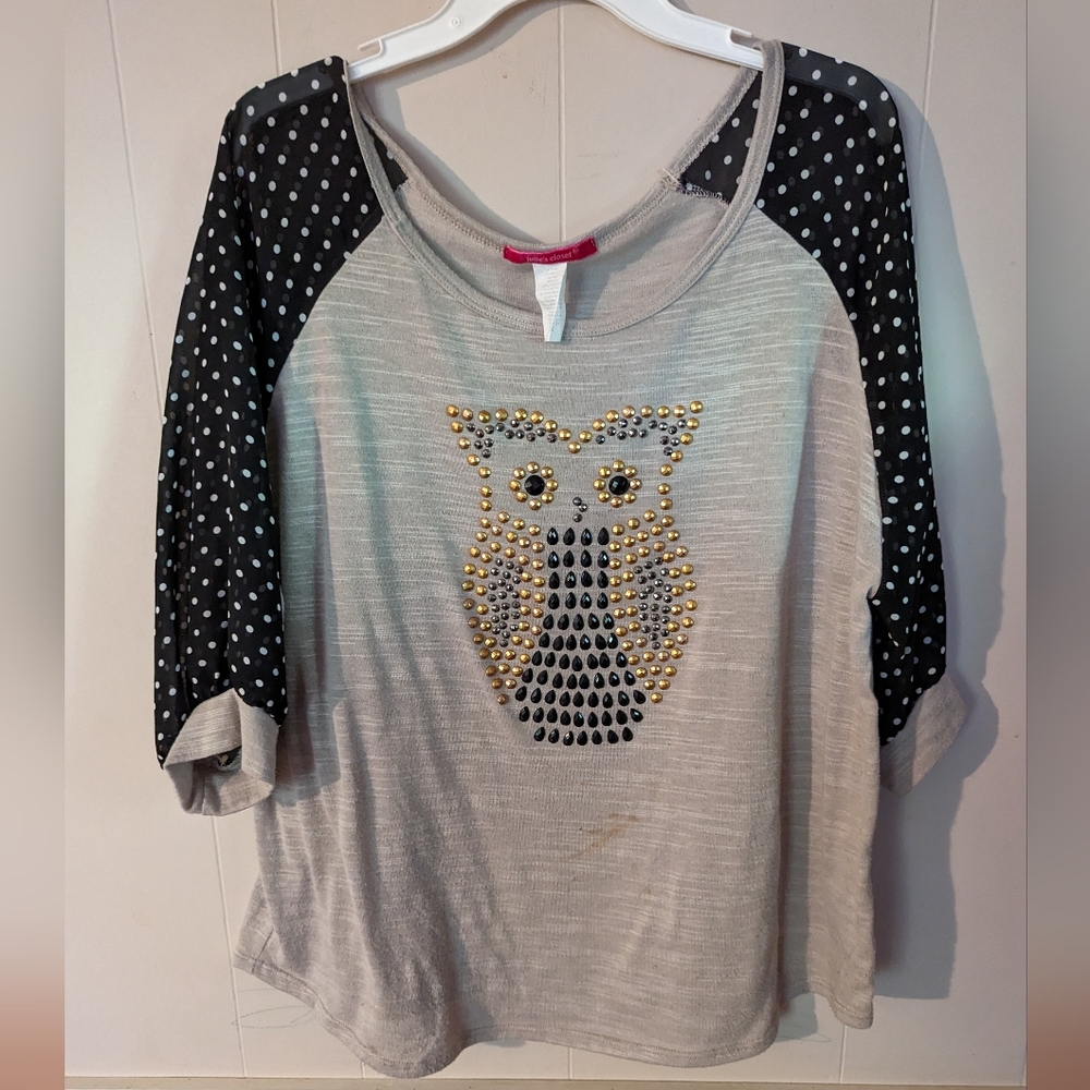 Mauve Ivory & Black Polka Dot Studded Owl Pullover Knit Top Plus Size 2X
